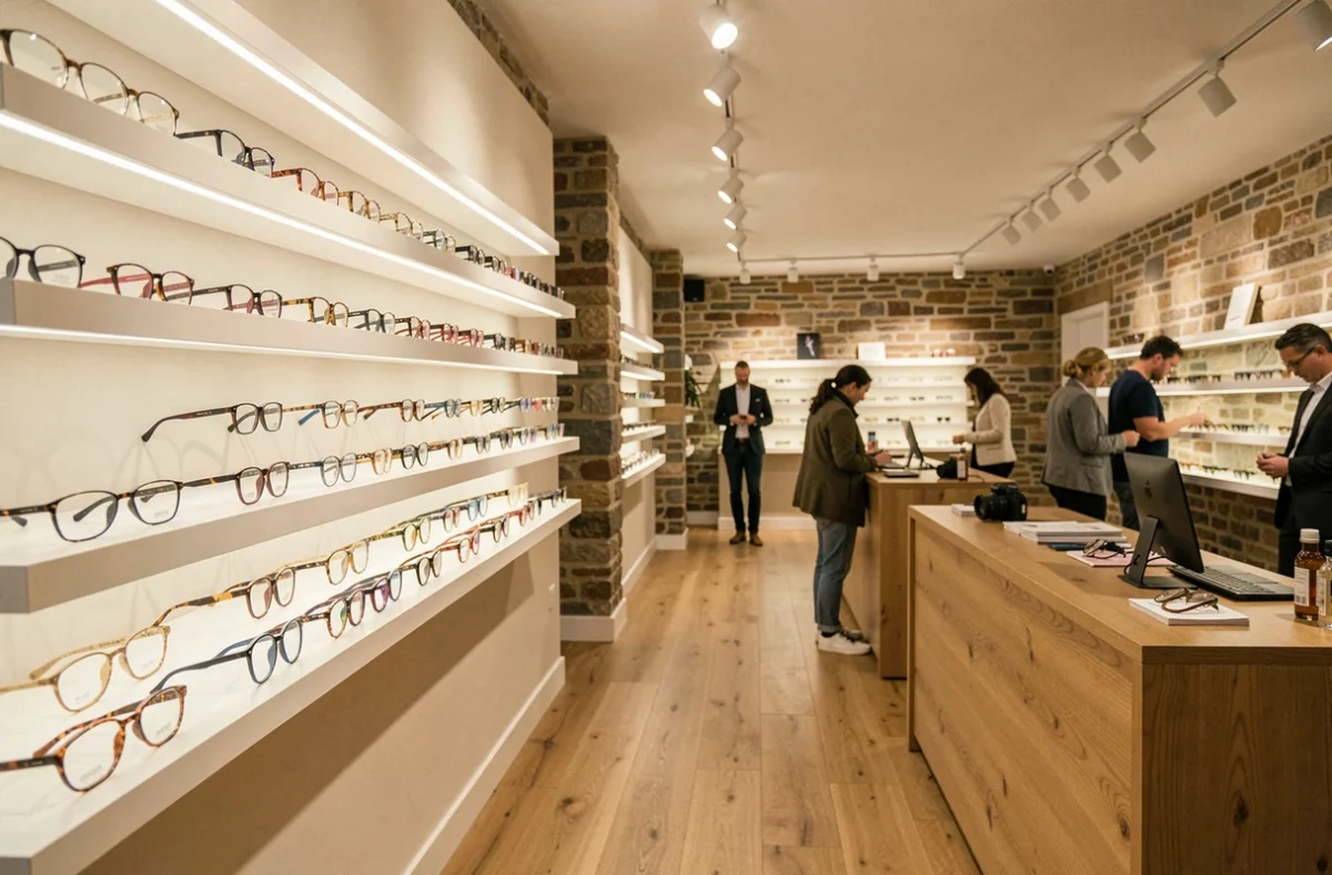 Intérieur d'une boutique d'opticien moderne en Bretagne avec des rangées de montures de lunettes exposées sur des étagères murales épurées