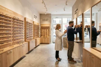 Intérieur d'une boutique d'opticien moderne en Meurthe-et-Moselle avec présentoirs de lunettes et opticienne conseillant un client