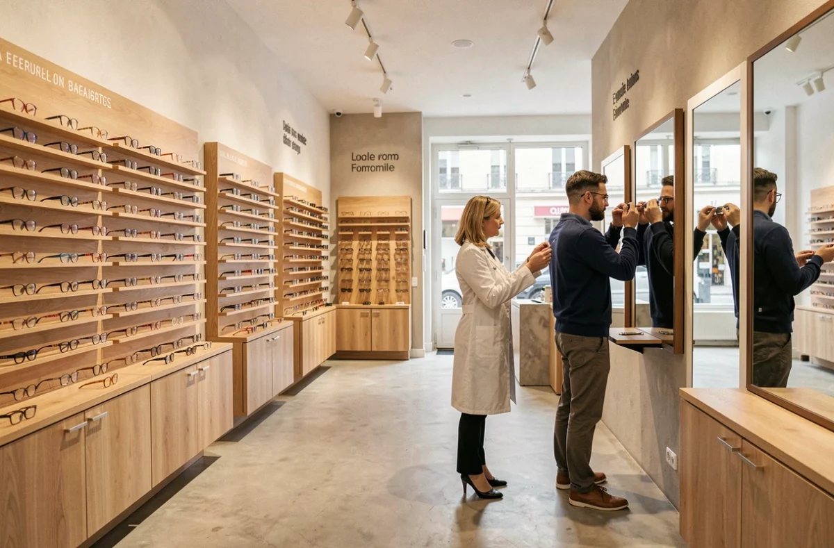 Intérieur d'une boutique d'opticien moderne en Meurthe-et-Moselle avec présentoirs de lunettes et opticienne conseillant un client