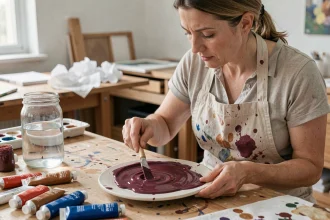 Femme mélangeant de la peinture bordeaux sur une palette en céramique dans un atelier d'artiste