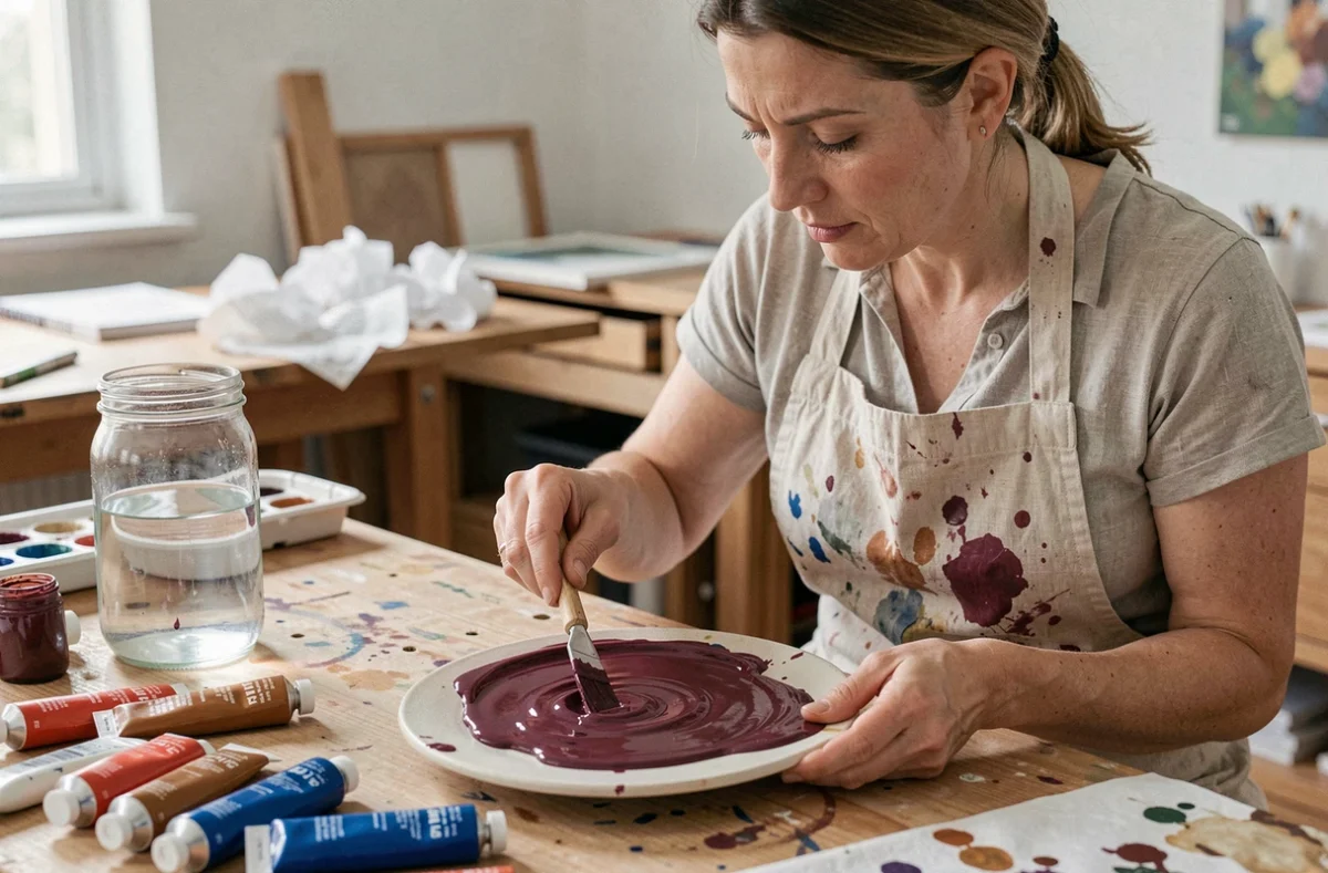 Femme mélangeant de la peinture bordeaux sur une palette en céramique dans un atelier d'artiste