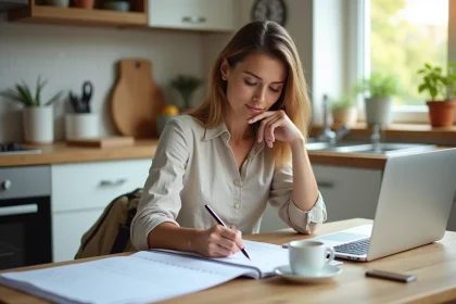 Mère de famille planifiant les congés scolaires et les vacances d'été 2026 sur un calendrier posé sur une table de cuisine moderne