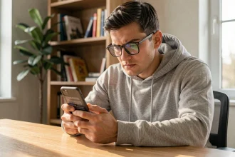 Jeune homme lisant les conditions d'utilisation de Monopoly GO sur son smartphone dans un bureau à domicile