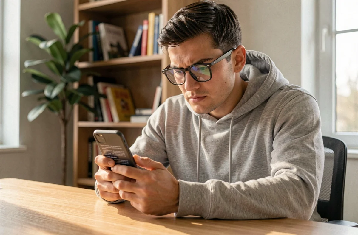 Jeune homme lisant les conditions d'utilisation de Monopoly GO sur son smartphone dans un bureau à domicile