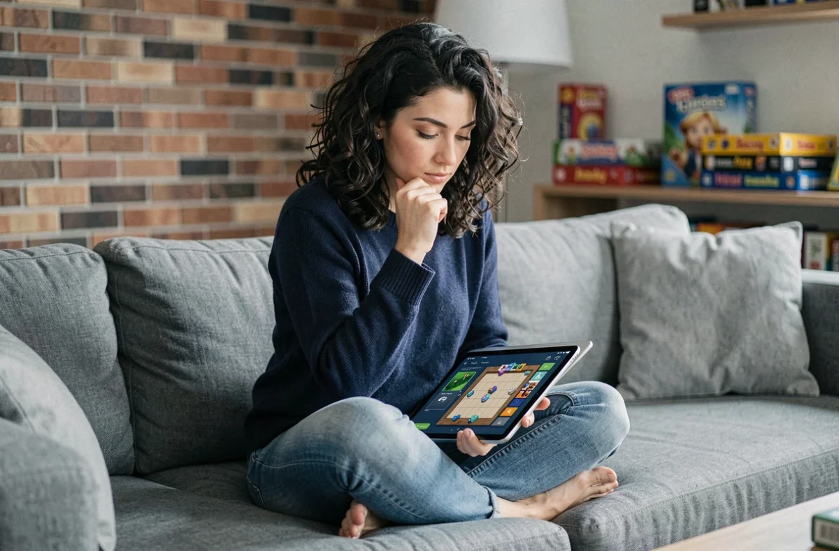 Femme analysant les règles d'utilisation d'un jeu mobile de plateau sur une tablette dans son salon