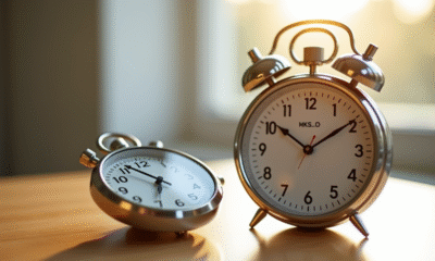 Montre analogique et horloge digitale sur bureau lumineux