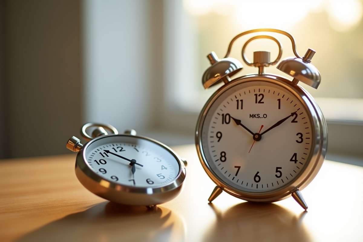 Montre analogique et horloge digitale sur bureau lumineux