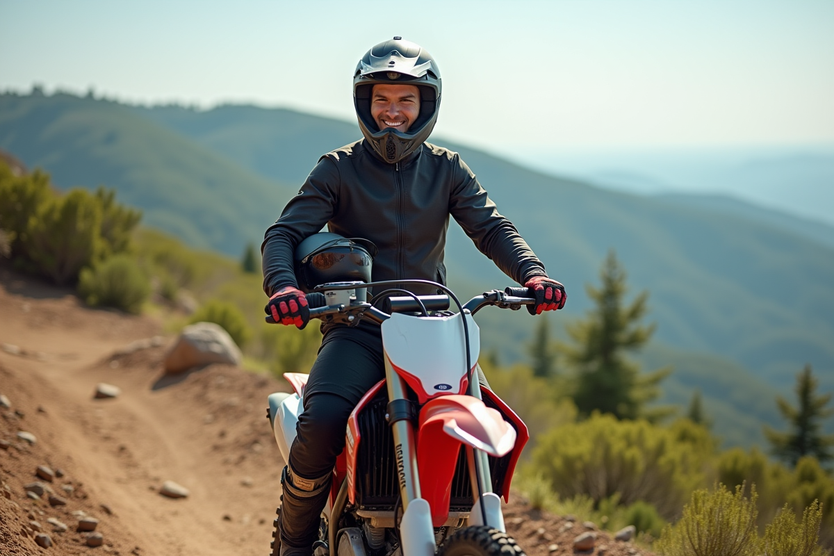 Jeune homme motocross souriant sur sa moto Dirt 250 CRZ