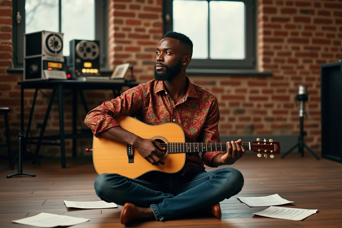 Musicien de reggae en studio d'enregistrement tenant une guitare acoustique entouré de paroles manuscrites
