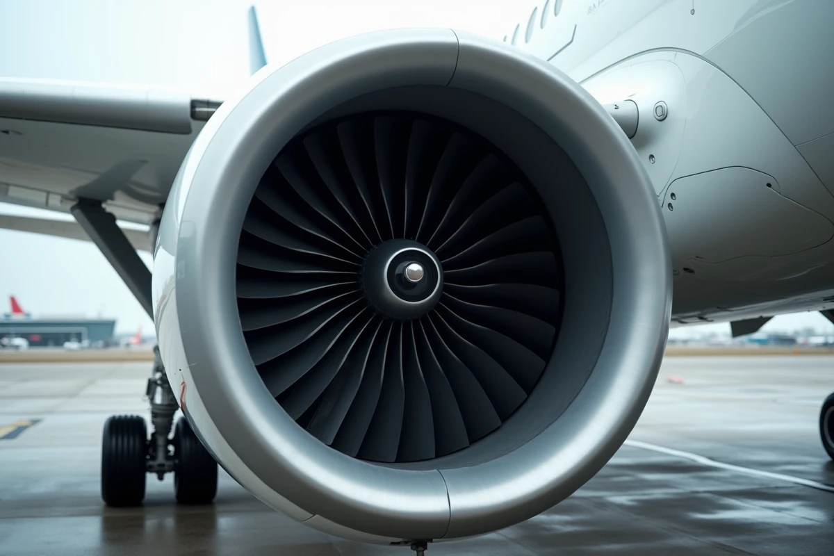 Gros plan sur la nacelle et l'entrée d'air d'un réacteur turbofan d'avion commercial sur le tarmac d'un aéroport