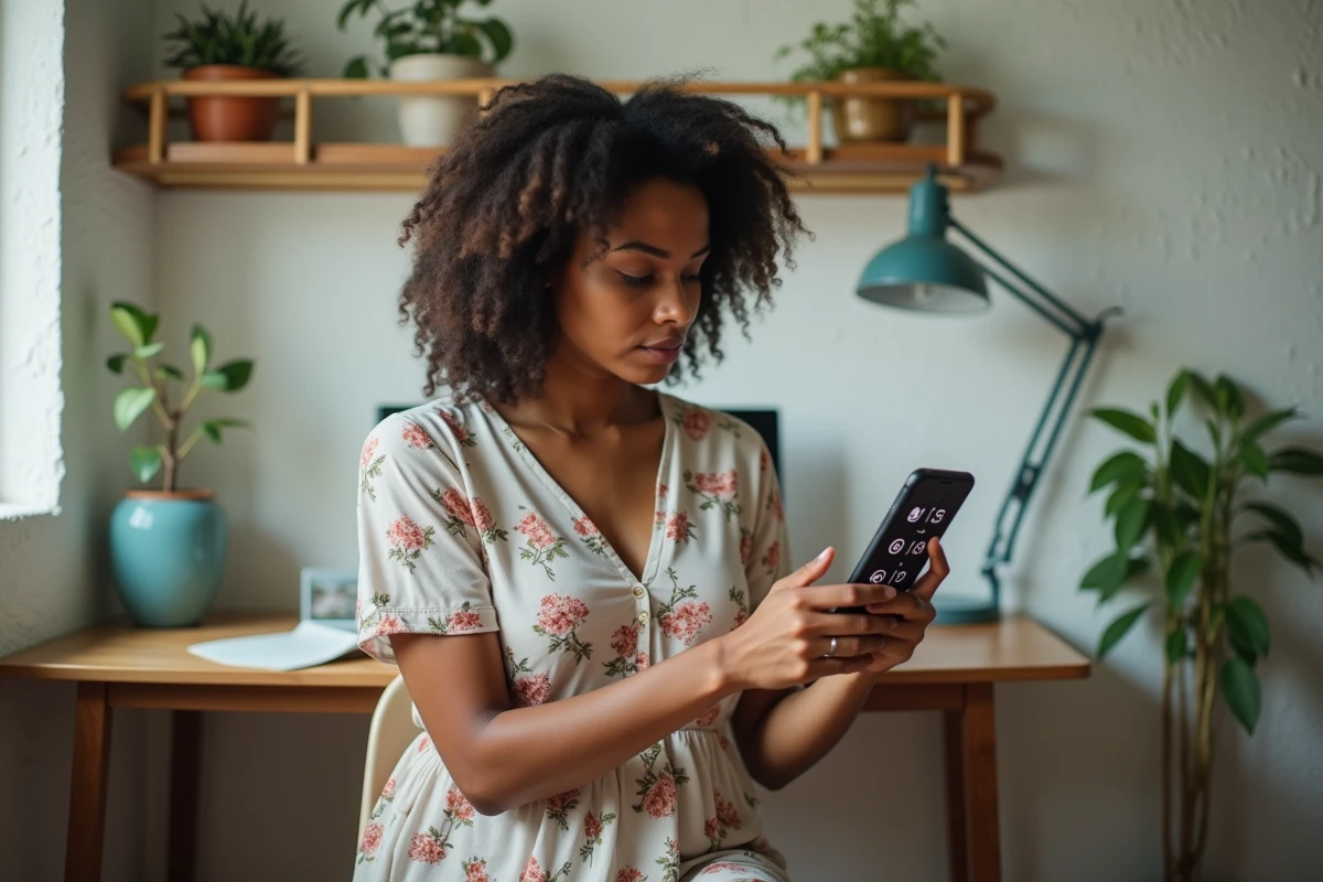 Jeune femme réunionnaise consultant les codes téléphoniques et numéros spéciaux sur son smartphone dans un bureau à domicile à La Réunion