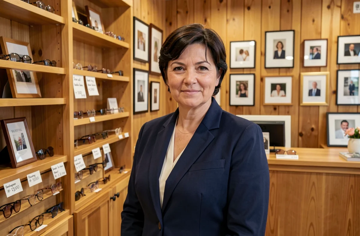 Opticienne indépendante dans sa boutique L'Opticienne à Vandoeuvre-lès-Nancy, souriante devant un présentoir de montures
