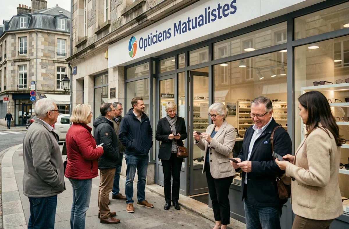 Devanture d'un magasin Opticiens Mutualistes à Brest avec des clients de différents âges devant l'entrée dans un cadre urbain breton