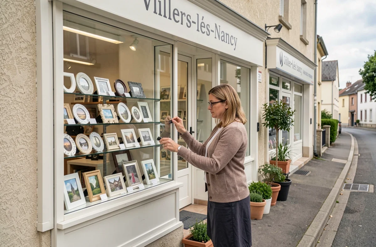 Opticienne aménageant la vitrine de la boutique Optique Plein Centre à Villers-lès-Nancy depuis la rue
