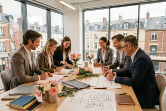 Équipe d'organisateurs d'événements professionnels collaborant autour d'une table de planification dans le Val-d'Oise