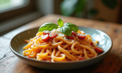 Assiette de pâtes au chorizo basilic et parmesan frais