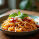 Assiette de pâtes au chorizo basilic et parmesan frais