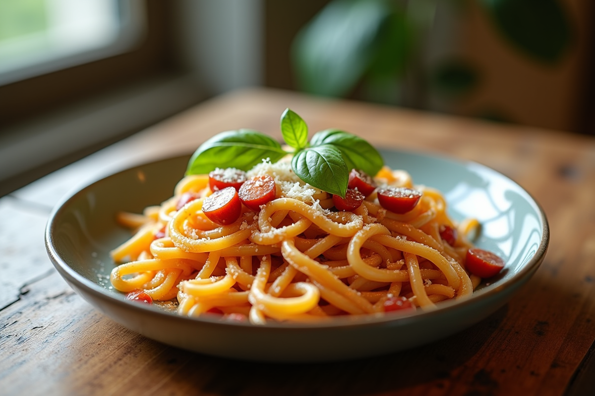 Assiette de pâtes au chorizo basilic et parmesan frais