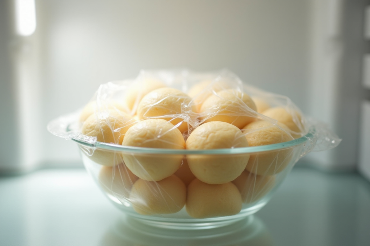 Pâte à chou fraîche dans un bol en verre sur une étagère de réfrigérateur