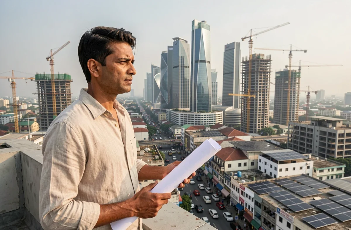 Urbaniste observant une métropole en développement rapide, symbole de l'évolution des critères définissant un pays développé