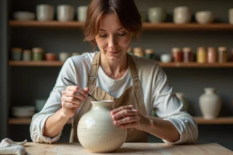 Femme peignant un vase en céramique dans son atelier