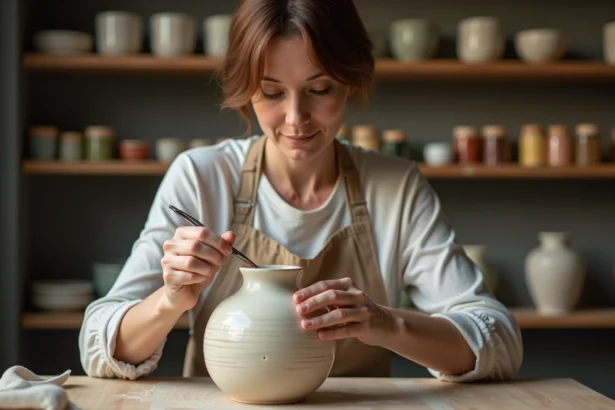 Femme peignant un vase en céramique dans son atelier