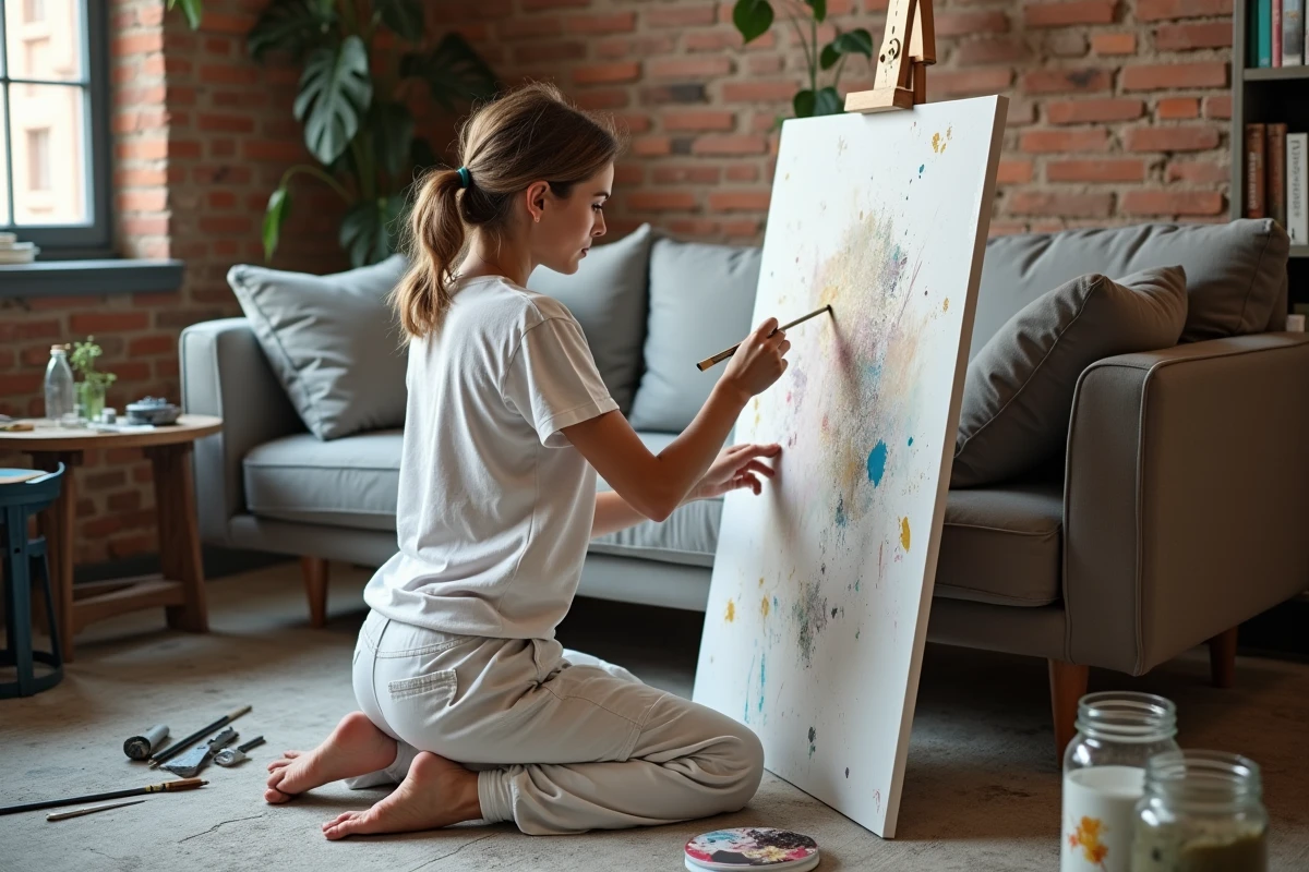 Femme adulte peignant sur toile dans son salon transformé en atelier de peinture acrylique à la maison