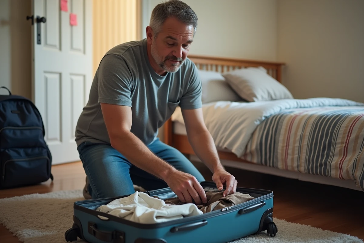 Père de famille préparant une valise avec des vêtements d'enfants et des fournitures scolaires pour gérer rentrée et vacances en 2026
