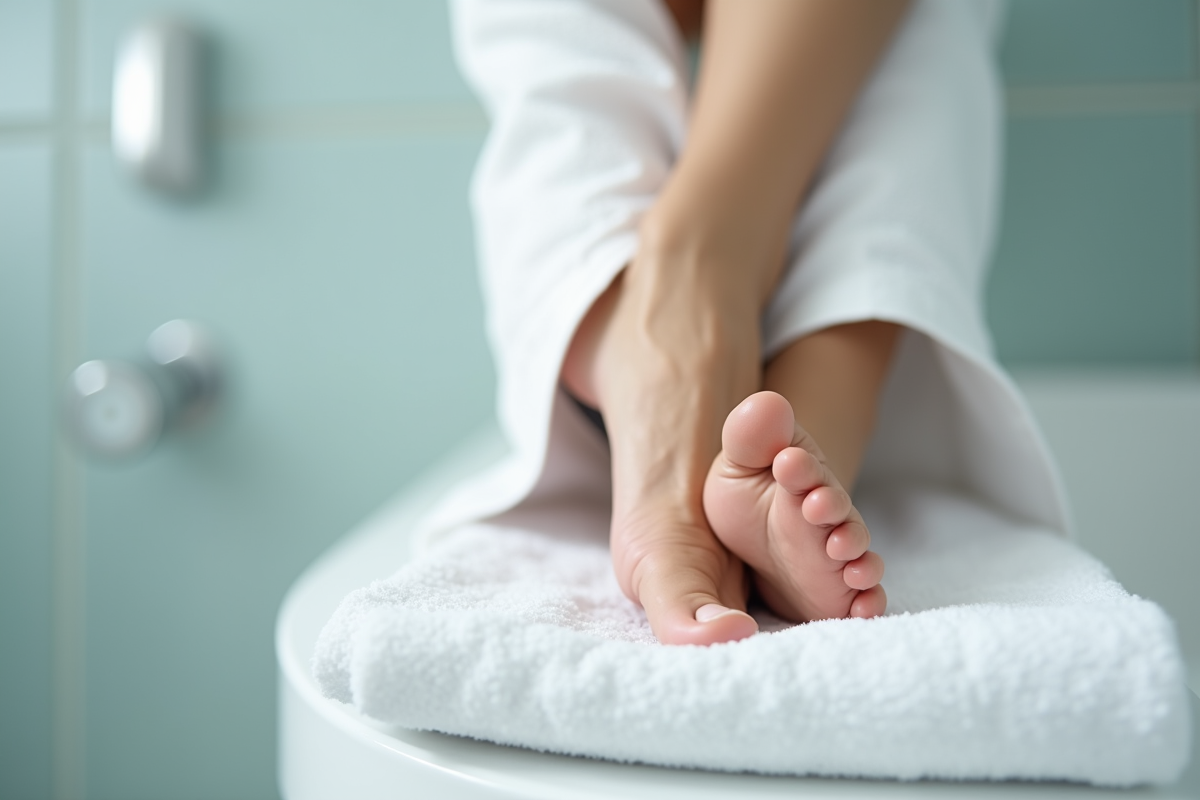 Pieds reposant sur une serviette blanche dans une salle de bain moderne