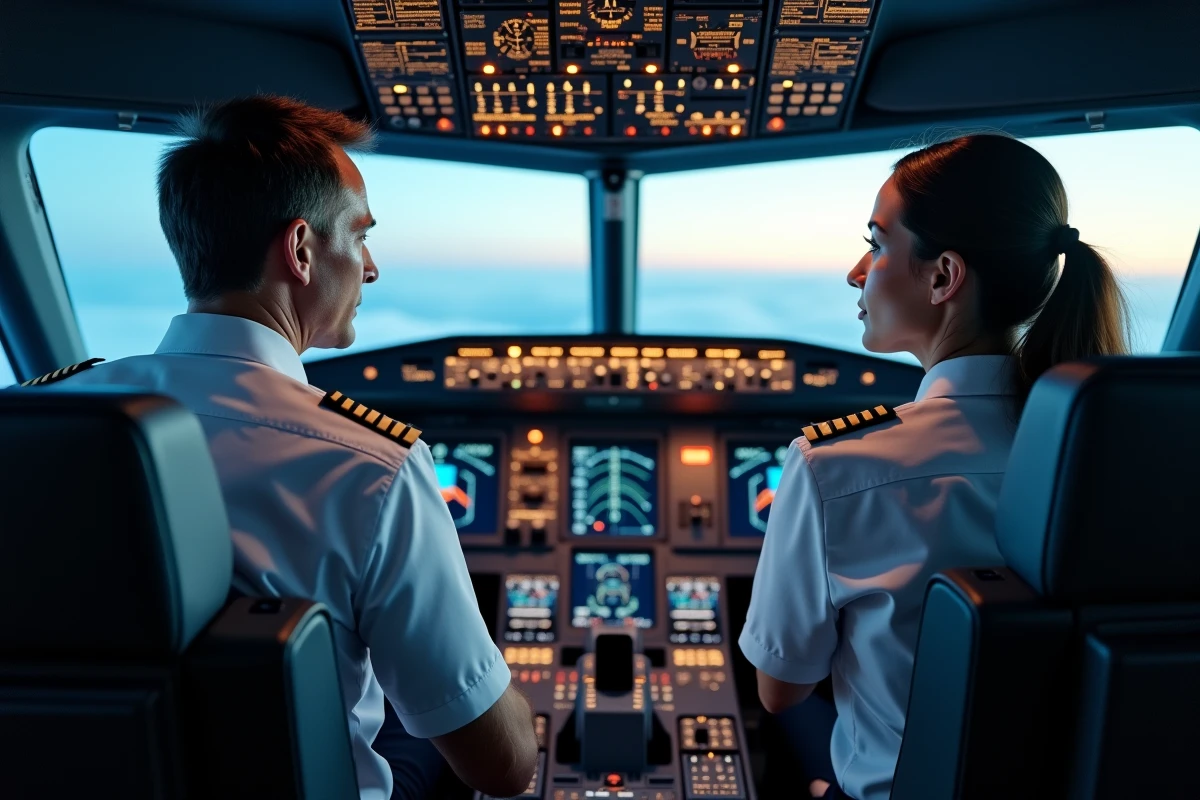 Deux pilotes de ligne en cockpit surveillant les données moteur sur les écrans de bord pendant un vol en croisière