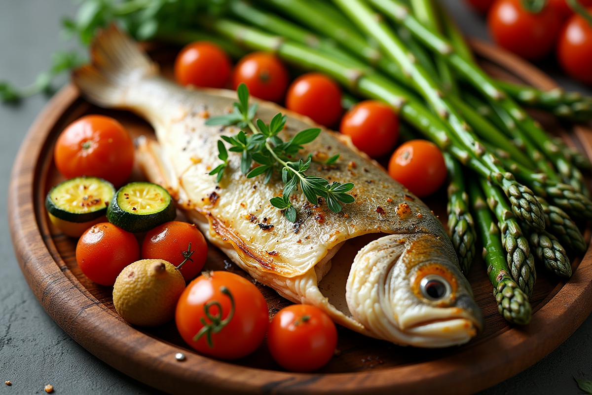 Assiette en bois avec légumes rôtis et poisson garni d