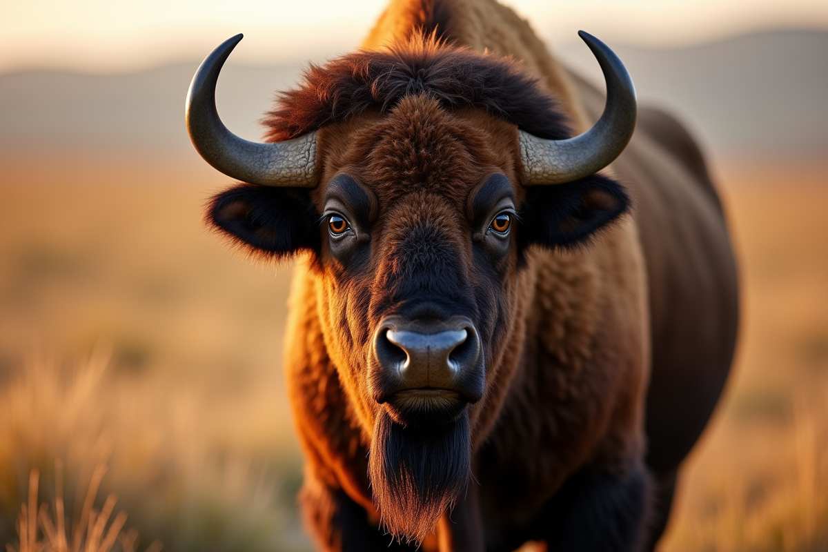Gros plan d un bison regard intense face camera