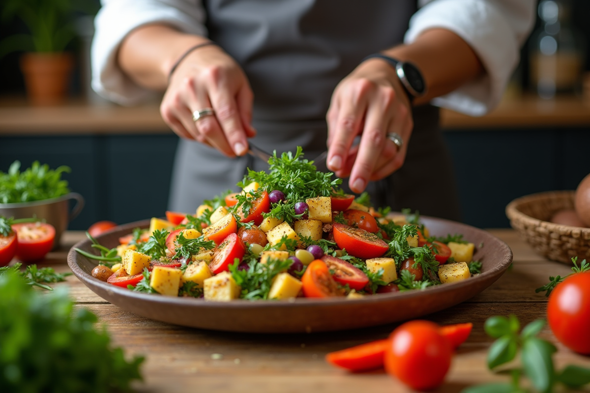 Chef marocain préparant une salade avec ingrédients frais en cuisine moderne