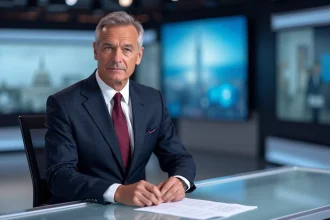Présentateur homme CNews en costume marine assis derrière un bureau de plateau télévisé dans un studio d'information