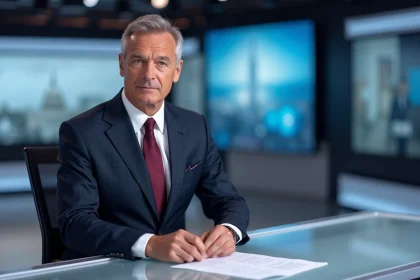 Présentateur homme CNews en costume marine assis derrière un bureau de plateau télévisé dans un studio d'information