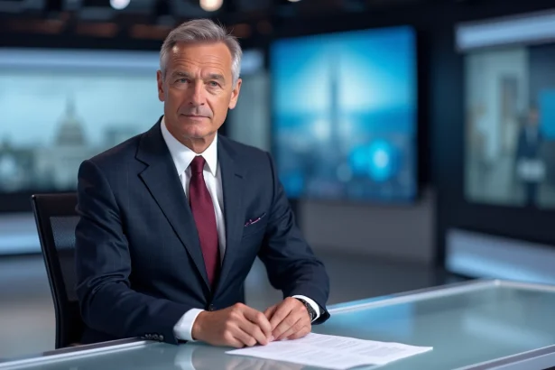 Présentateur homme CNews en costume marine assis derrière un bureau de plateau télévisé dans un studio d'information