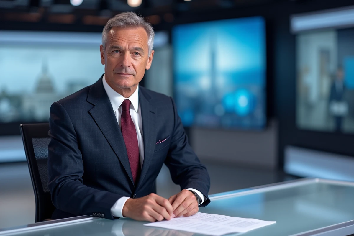 Présentateur homme CNews en costume marine assis derrière un bureau de plateau télévisé dans un studio d'information