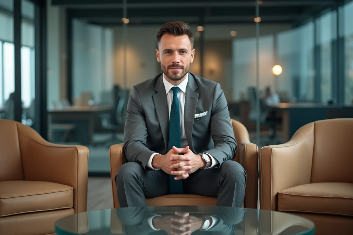 Présentateur CNews en costume gris en position d'interview dans un set de débat télévisé moderne