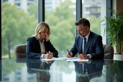 Couple professionnel en réunion immobiliere moderne