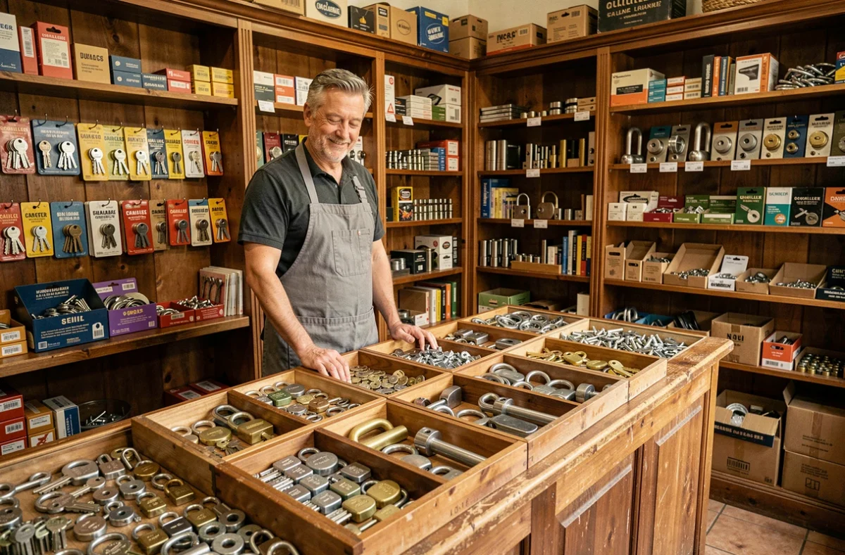 Responsable de la Quincaillerie Des Charmettes derrière son comptoir avec des serrures et clés