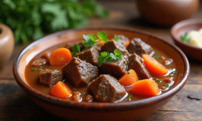 Ragoût de bœuf et carottes dans un bol rustique