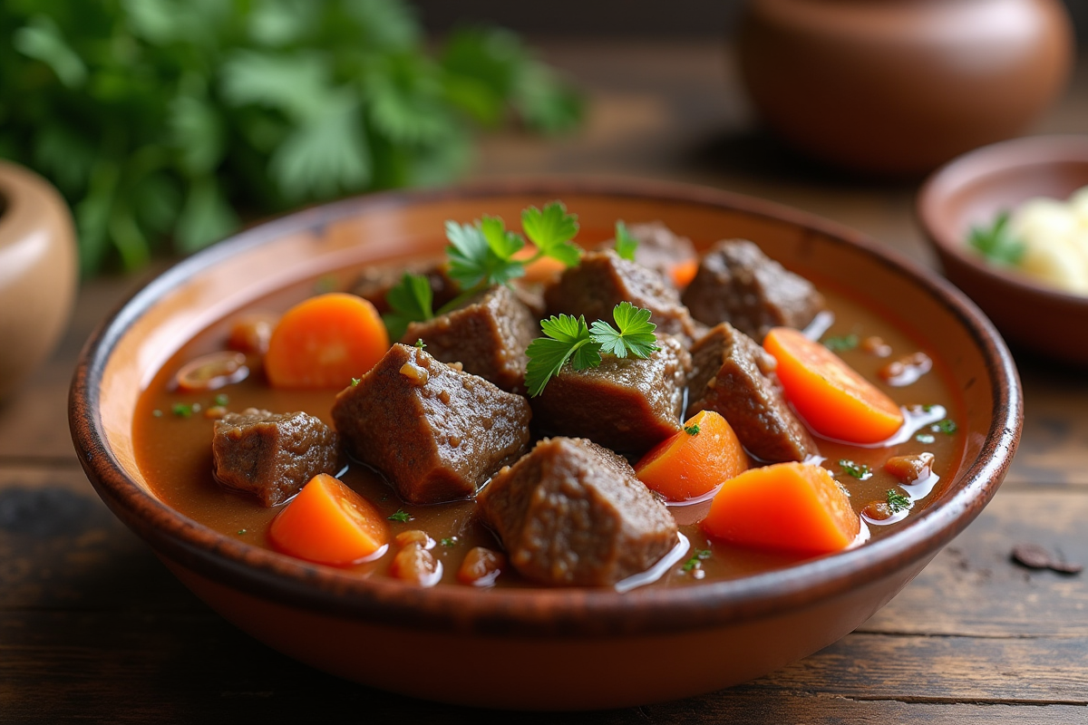 Ragoût de bœuf et carottes dans un bol rustique
