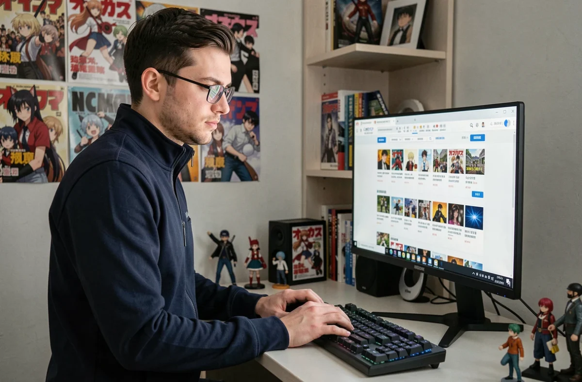 Homme recherchant un chapitre de scan traduit de manga sur ordinateur de bureau dans un espace de lecture dédié
