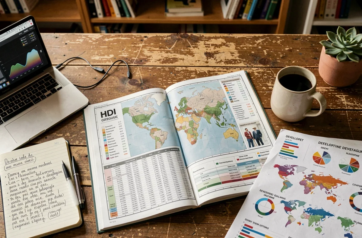 Bureau de chercheur avec atlas économique, données HDI et comparatifs de pays développés et en développement pour 2026