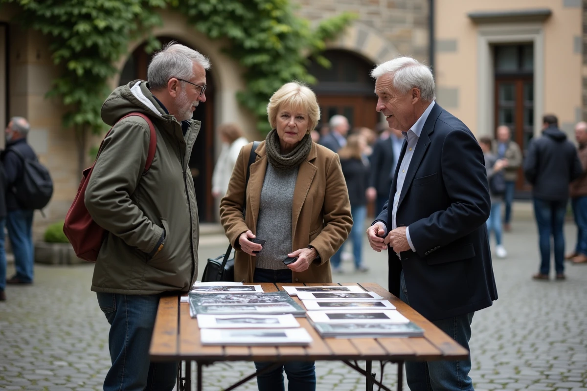 Groupe de passionnés ASPOLT réunis lors d'une rencontre en plein air pour partager photos et récits autour d'une table d'exposition