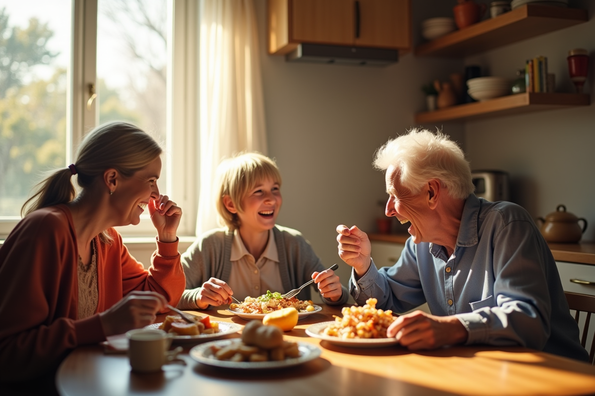 Trois générations partageant un repas dans une cuisine lumineuse