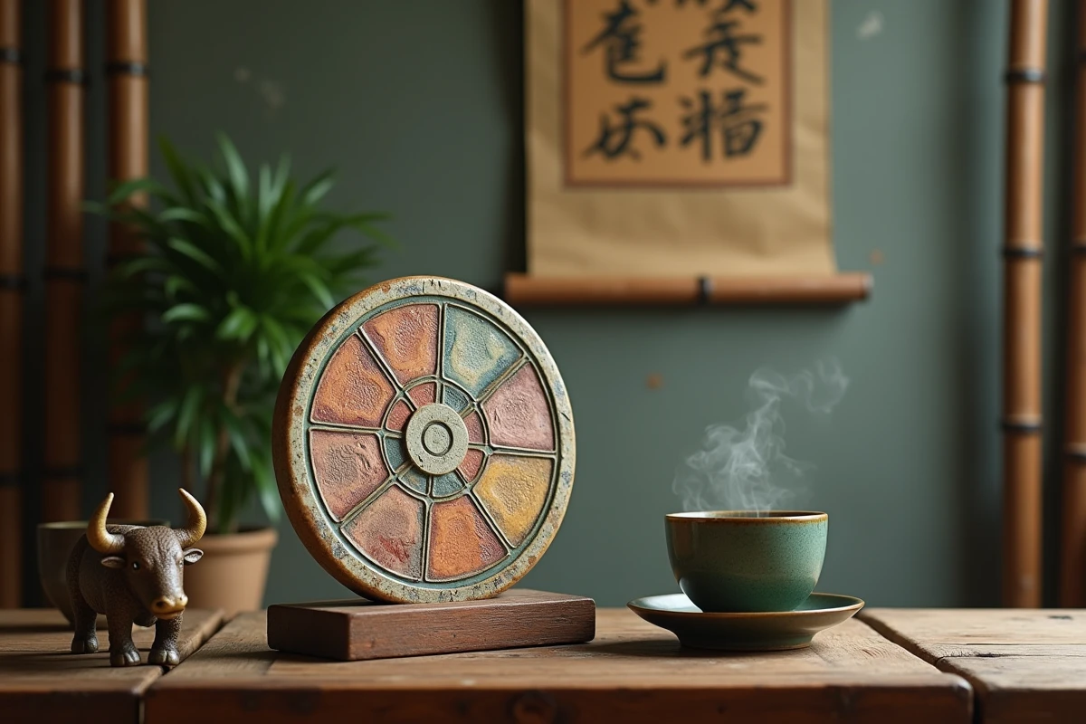 Roue du zodiaque chinois peinte sur une céramique ancienne avec une figurine de bœuf et du thé vert, symbole du signe astrologique chinois 1993