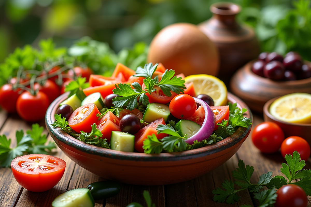 Salade marocaine colorée dans un bol en céramique avec légumes frais