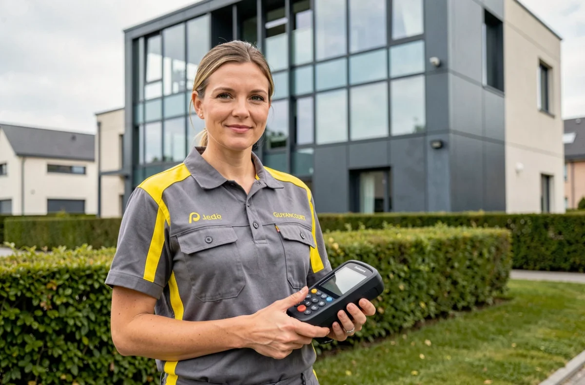 Serrurier Secury-Clef devant un immeuble moderne à Guyancourt