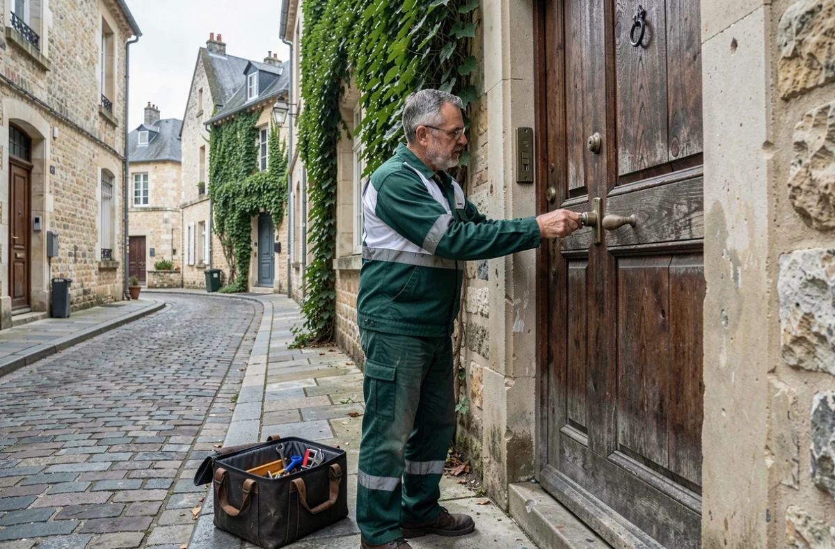 Serrurier en dépannage devant une porte ancienne à Saint-Germain-en-Laye